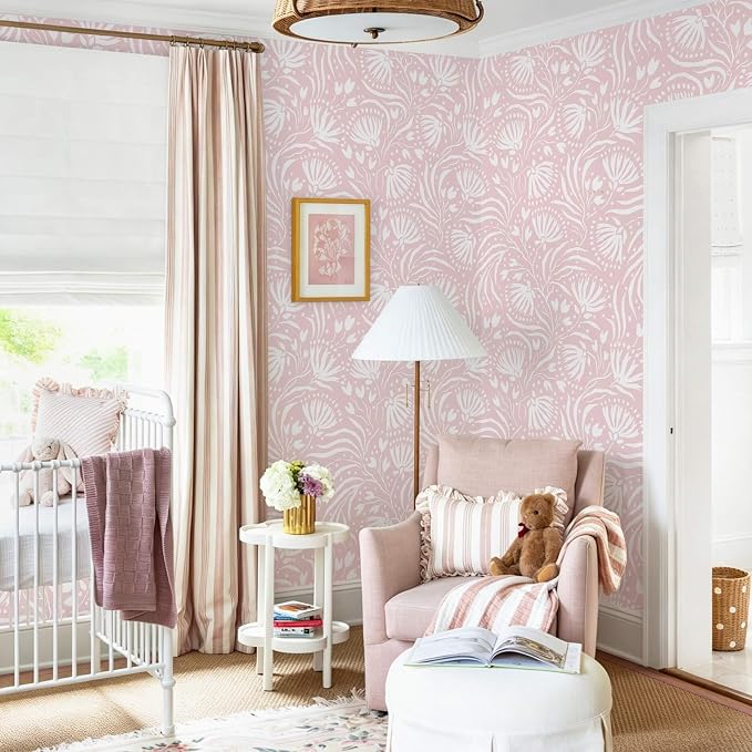 Ismoon Boho Peel and Stick Wallpaper Pink Floral Contact Paper Boho Stick on Wall Paper Textured Removable Self Adhesive Vinyl Wallpaper for Bedroom Bahtroom Wall Decor 17.3x78.7in - Image 3