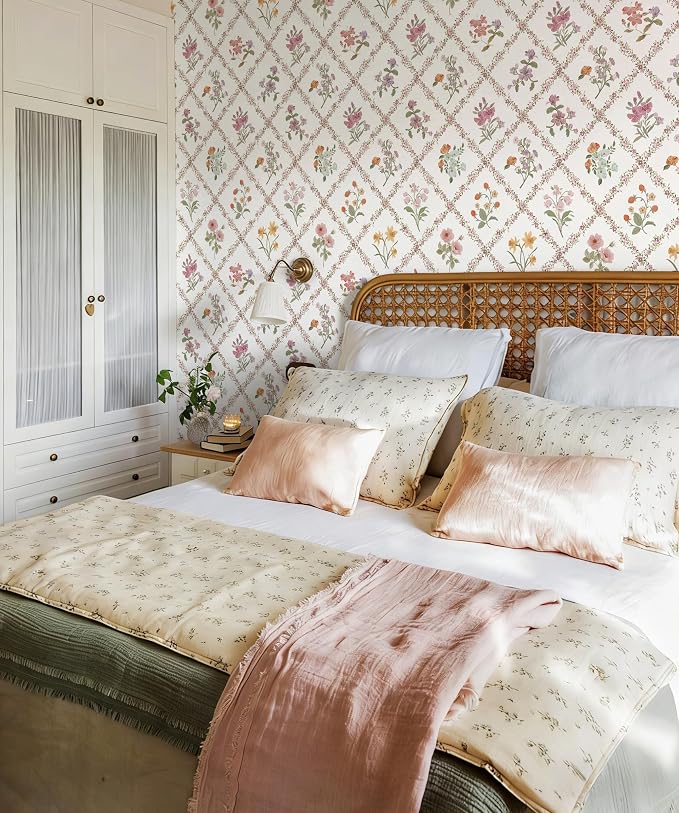 16.9 in x197 in Red Floral Peel and Stick Wallpaper Watercolor Floral | Boho Self Adhesive Wallpaper Modern Trellis Contact Paper DIY Removable Wallpaper for Bedroom Cabinets Drawers Decor Vinyl - Image 2