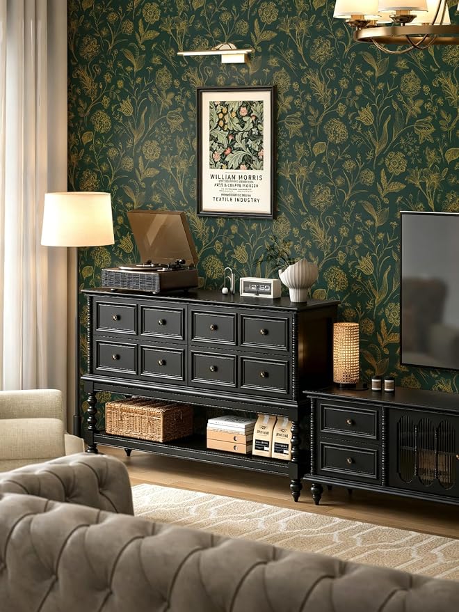 Dark Green and Gold Floral Peel and Stick Wallpaper 17in x118in | Floral Wallpaper Boho Removable Contact Paper Botanical Self Adhesive Decor Flower Wall Paper for Cabinets Bathroom - Image 2