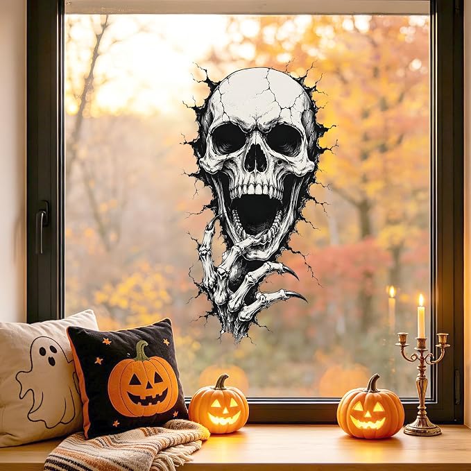Skeleton Skull Wall Decals Peel and Stick Halloween Wall Stickers, Gothic Skull Removable Vinyl Wall Decor, Spooky Horror Wall Art for Bedroom Living Room Window Haunted House Party Decorations - Image 3