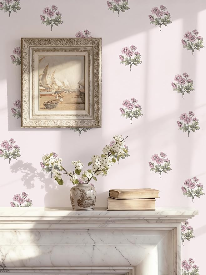 Toduso Peel and Stick Wallpaper Pink Floral Wall Paper Vintage Contact Paper for Girls Bedroom Flower Self-Adhesive Waterproof Wallpaper for Bathroom Farmhouse Cabinets 17.3" x 78.7" by Toduso