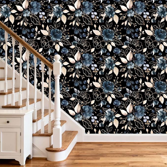 Black Gold Floral Peel and Stick Wallpaper 17.7"x118" | Removable thick vinyl, dark botanical design with navy blue flowers, bedroom, bathroom, renter friendly accent walls - Image 7