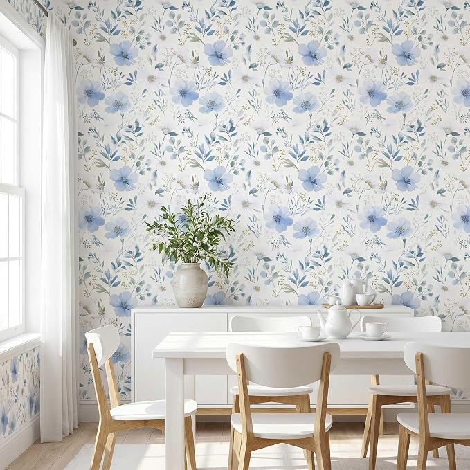 Light Blue Floral Peel and Stick Wallpaper, 17.7in x 393.7in | Self-adhesive and removable watercolor flower design for bedroom, living room, and accent wall - Image 6