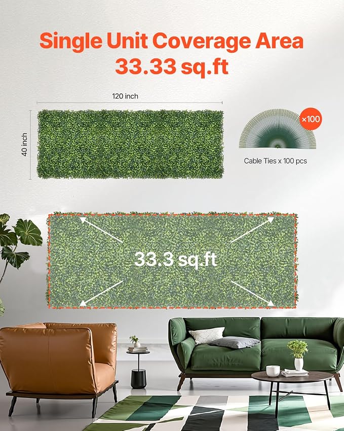 VEVOR Artificial Grass Wall Panels, 40 x 120 inch, Milan Grass Greenery Boxwood Panel for Indoor Outdoor Green Decor & Ivy Fence Covering, Privacy Backdrop Wall Hedge Screen for Garden - Image 6