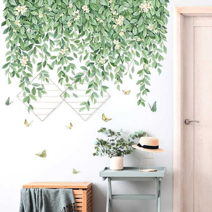 Green Leaf Wall Decals Hanging Vine Wall Sticker Plant Flower Wall Decal Butterfly DIY Removable Wall Stickers Peel and Stick Art Murals for Bedroom Living Room Kids Nursery - Image 5