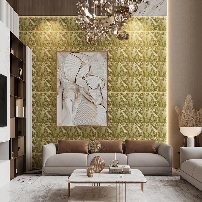 STICKGOO Gold 3D Wall Panels for Interior Wall Decor, 12''x12'', 33 Pack | PVC Lightning Diamond Design, Accent Wall Paneling for Bedroom, Gaming, Living Room, TV Background Decor, Cover 32.Sq.Ft - Image 2