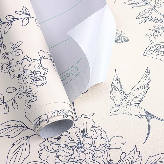 Froluya Cream White and Blue Peel and Stick Wallpaper Floral Contact Paper | 17.7in×590.5in Blue Floral Wallpaper Peel and Stick Vintage Flower Bird Self Adhesive Removable Wall Paper for Bathroom Vinyl - Image 5