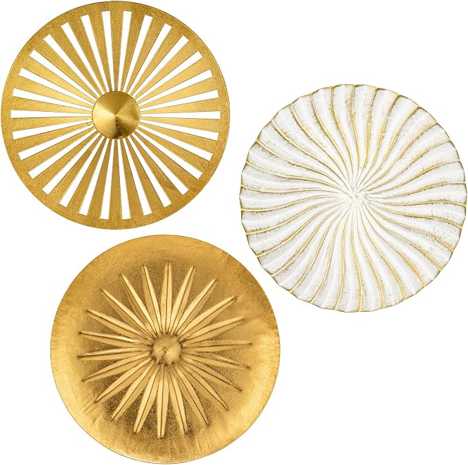 Briful 12" Wall Décor Pack of 3 Metal Gold & White Washed Starbursts Radial Plate Wall Art Modern Accent Hanging Wall Decorations For Home Office Bedroom Or Living Room Wall Sculptures by Briful