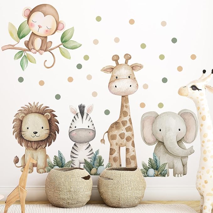 Safari Animals Nursery Wall Decal, Peel and Stick Nursery Mural Jungle Animals Lion, Elephant Wall Stickers for Kids, Boys and Girls Room, Bedroom & Toddler Room Decor (Boho Animal Dot Decals 59) by Unknown