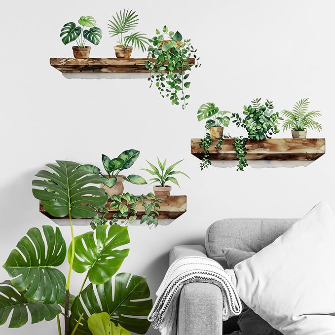 Green Plant Wall Decals - 3D Bonsai Tropical Vine Leaves Wall Stickers - Peel and Stick, Removable, Boho Hanging Potted Art Decor - for Living Room, Bedroom, and Home Office - Image 4