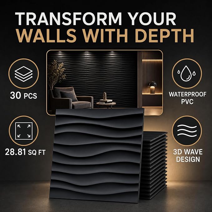 Chunful 30 Pcs 28.81 Sq ft 3D Wall Panels PVC Wave Design,11.8" x 11.8" Wall Panels Brick Wallpaper Waterproof for Interior Living Room Bedroom Decor(Black) | 11.8" x 11.8" Peel and Stick, Wall Panels, Brick, Wallpaper Waterproof, for Interior Living R... - Image 4