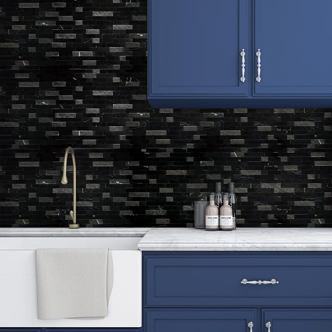 SUNWINGS 5-Sheet Peel and Stick Mosaic Natural 3D Stone Self Adhesive Marble Tiles, 11.5" x 10.7" Stick on Backsplash for Kitchen Bathroom Fireplace Vanity, Mixed Black - Image 7