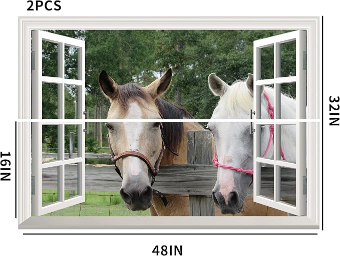 FLFK Fake Window Wall Sticker - Horse Faux Window Wall Mural for Wall Decor, Stick and Peel Wall Decals,48"x32",Set of 2 Sheets - Image 2