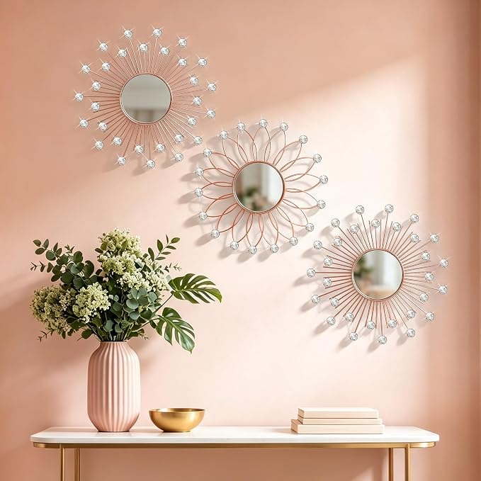 3 Pack Metal Mirrors for Wall Sunburst Wall Mirrors Home Décor Decorative Hanging Wall Art for Living Room Bedroom Entryway (Rose Gold2 Crystal, Flower+Sunburst) - Image 6