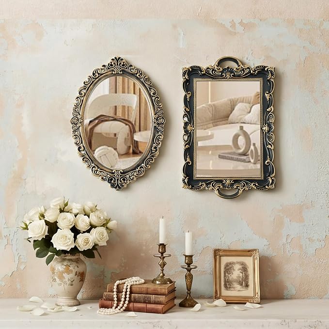 Beeveer 2 Style Vintage Mirrors Set Decorative Oval Wall Mirror Small Antique Mirrored Tray Decorative Hanging Mirror for Bathroom Bedroom Jewelry Organizer Victorian Decor (Square,Antique Gold) by Beeveer