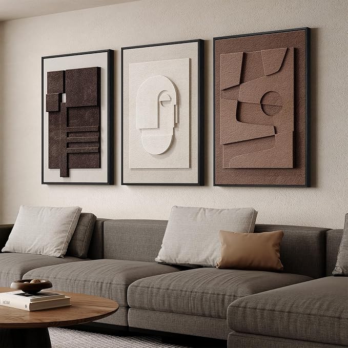 Large Framed 3D Wall Art for Living Room, Brown Abstract Art Wall Decor | Solid wood frame, Textured paintings, 3 piece 24x36 in, Modern artwork for walls, Neutral pictures wall decor bedroom office by Cuspin