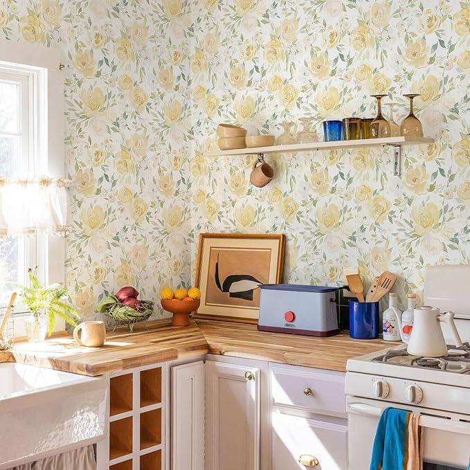 Ismoon Yellow Floral Peel Stick Wallpaper Boho Stick on Wallpaper | Watercolor Contact Paper for Cabinet Removable Self Adhesive Vinyl Wallpaper for Girl Bedroom Accent Wall Decor 17.3x393in - Image 2