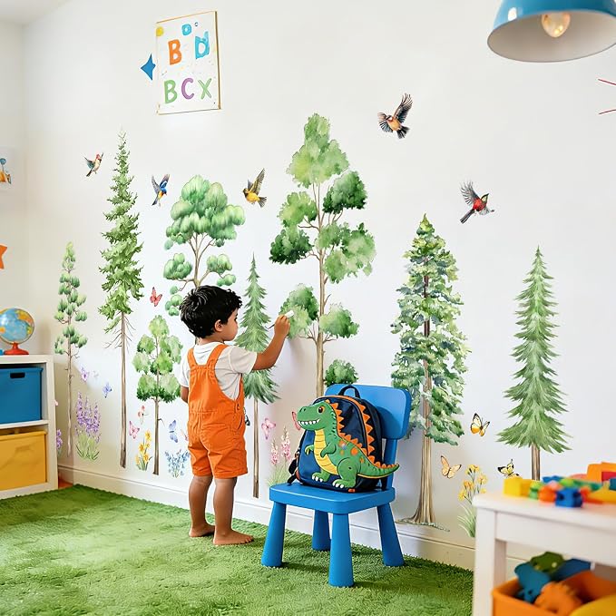 Watercolor Large Tree Wall Stickers Peel and Stick Murals Decal | Pine Tree Wall Forest Decal for Living Room TV Walls Baby Bedroom Classroom Nursery (Green Various Trees, 11.8 * 35.4inch) by Lilacanthara