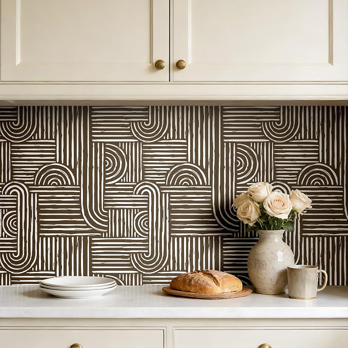 Livelynine Brown Geometric Wallpaper Peel and Stick Bold Abstract Wallpaper Living Room Accent Wall Paper Removable Minimalist Mid Century Modern Contact Paper for Cabinets Self Adhesive 17.5x78.8 - Image 3
