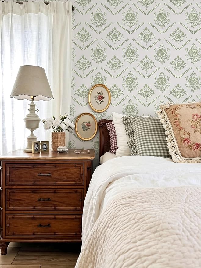 Ismoon Boho Floral Peel and Stick Wallpaper Sage Green for Vintage Bedroom | Renter Friendly Self Adhesive Removable Textured Contact Paper Botanical Wall Paper Vinyl for Bathroom Decor 17.3in X 32.8ft - Image 2