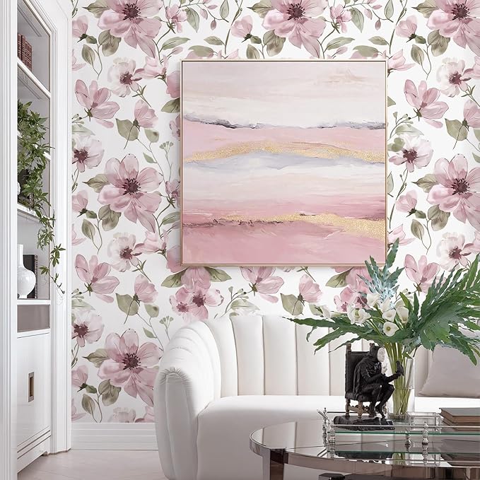 Ismoon 17.3''x393''Peel and Stick Wallpaper Boho Floral Contact Paper Pink Watercolor Flowers Leaf Wallpaper Removable Self-Adhesive Wall Paper for Bedroom Renter Friendly Vinyl - Image 3