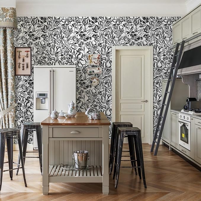 Ismoon Black and White Wallpaper Peel and Stick Floral Contact Paper 17.3in x 32.8ft Peony Flower Modern Striped Abstract Wall Paper for Bathroom Bedroom Removable Vinyl Renter Friendly - Image 7