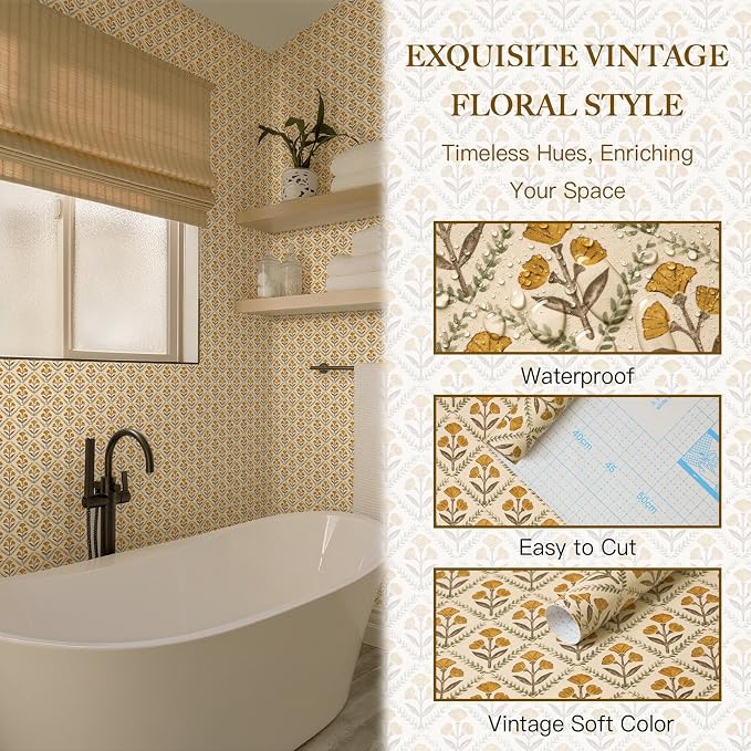 Dimoon 787.4"x17.3" Peel and Stick Wallpaper Floral Cute Contact Paper Vintage Village Country Cottage Wallpaper Farmhouse Yellow Beige Renter Friendly Geometry Waterproof Embossed Kitchen Bedroom - Image 9