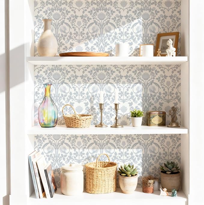 YXTII 590.5" × 17.3" Blue Floral Peel and Stick Wallpaper, Damask Vintage Wallpaper for Bedroom Bathroom Self Adhesive Removable - Image 5