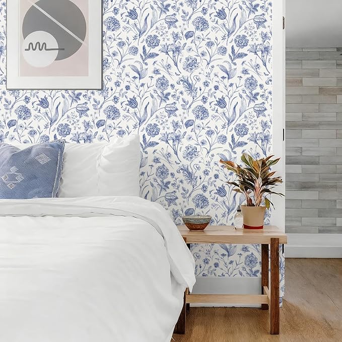 White and Blue Floral Peel and Stick Wallpaper Vintage 17in x 118in | Botanical Wallpaper Vintage Contact Paper Black Flower Removable Wall Paper for Bathroom Bedroom Boho Self Adhesive Vinyl - Image 4