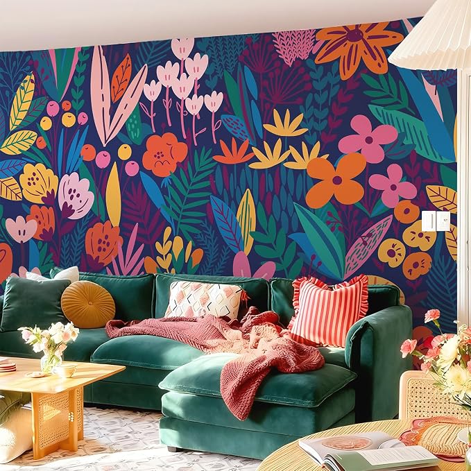 Moody Blue Botanical Peel and Stick Wall Mural for Living Room | Extra Wide Dark Background Floral Wallpaper, Removable Leather Textured & Water-Resistant, Living Room Salon Gallery Home Bar - Image 2