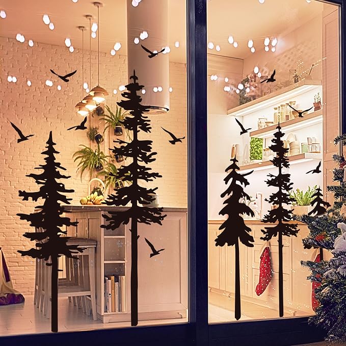 Large Pine Trees Wall Decals Black Forest Wall Stickers Christmas Decoration Wallpaper Woodland Animal Birds Mural Decals Peel and Stick Vinyl Wall Art Stickers for Bedroom - Image 2
