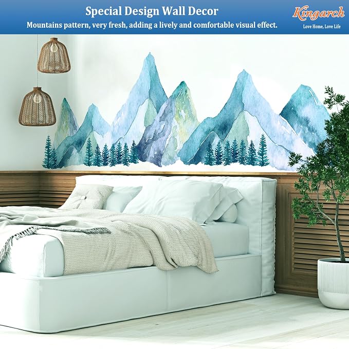 Large Mountain Wall Decals, Blue Pine Tree Peel and Stick Vinyl Wall Stickers & Murals, Removable Home Room Wall Decor for Bedroom Living Room Bedroom Classroom Office Nursery - Image 2