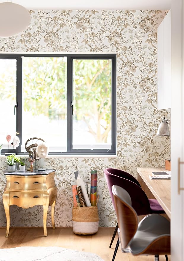 Erfoni Beige Floral Peel and Stick Wallpaper Boho Floral Leaf Contact Paper | 16.9" x197" Boho Self Adhesive Wallpaper Flower DIY Removable Decoration Wallpaper for Livingroom Accent Wall Covering - Image 6