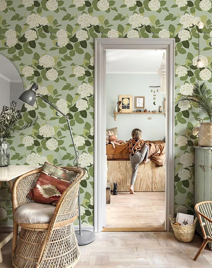 Floral Peel and Stick Wallpaper Self Adhesive Hydrangea Wall Paper French Country Cream Stick on Wallpaper for Bedroom Wall Decor Elegant Mural (Green Hydrangea, 472.44“ X 17.4") - Image 4