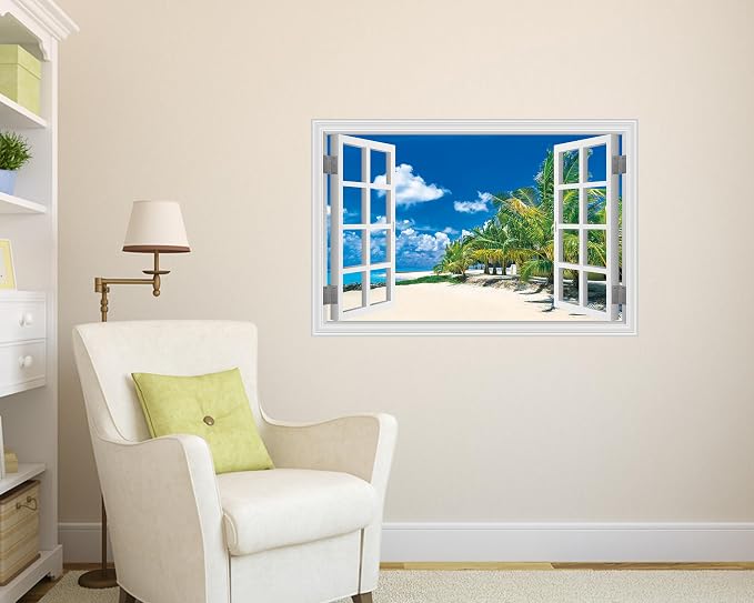 FLFK Fake Window Wall Sticker, White Frame Tropical Beach Scene, Peel and Stick Removable Wall Decal, Paradise Ocean View with Palm Trees, 24 x 16 Inches, Modern Style, Indoor Use - Image 6