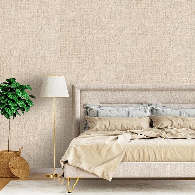 Beige Grasscloth Peel and Stick Wallpaper Textured 15.7in x 787.4in | Faux Linen Wallpaper Peel and Stick Vintage Grasscloth Contact Paper Self Adhesive Removable Contact Paper for Bedroom Vinyl - Image 2