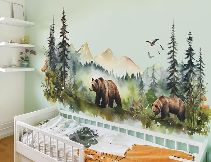 Large Jungle Animals Wall Decals Forest Tree Wall Decal Peel and Stick Woodland Bear Fox Deer Wall Stickers Giant Mountain Art for Bedroom Nursery Room FX-C432 - Image 6