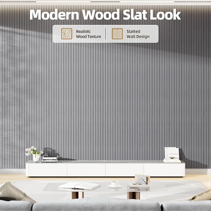 Peel and Stick Wood Slat Wall Panels, 3D PVC Faux Gray Wood Grain Wallpaper | 15.75"x118" Soundproof Wall Panels with Self Adhesive, Wall Coverning for Accent Walls Ceiling Bedroom Bathroom Kitchen Decor - Image 2