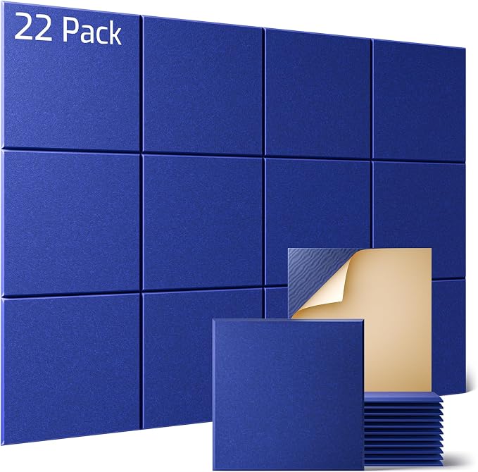 Sonicism 22 Pack Acoustic Wall Panels with Self-Adhesive, 12" X 12" X 0.4" Sound Proof Foam Panels, Decorative Soundproof Wall Panels, Sound Proof Absorbing Tiles for Home & Offices, Blue by Sonicism