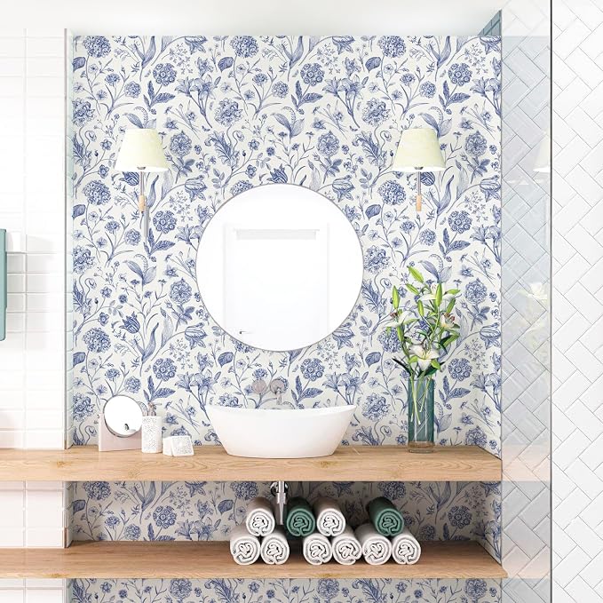 White and Blue Floral Peel and Stick Wallpaper Vintage 17in x 118in | Botanical Wallpaper Vintage Contact Paper Black Flower Removable Wall Paper for Bathroom Bedroom Boho Self Adhesive Vinyl - Image 7