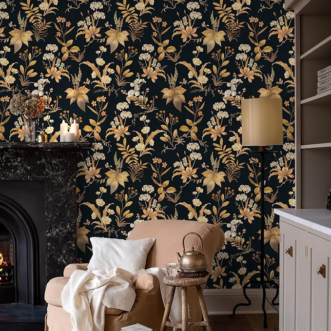 Simon&Siff Vintage Floral Peel and Stick Wallpaper 17.3" x 480" | Black Gold Botanical Contact Paper, Removable Wall Paper, Renter Friendly, for Cabinets, Furniture, DIY Decor - Image 5
