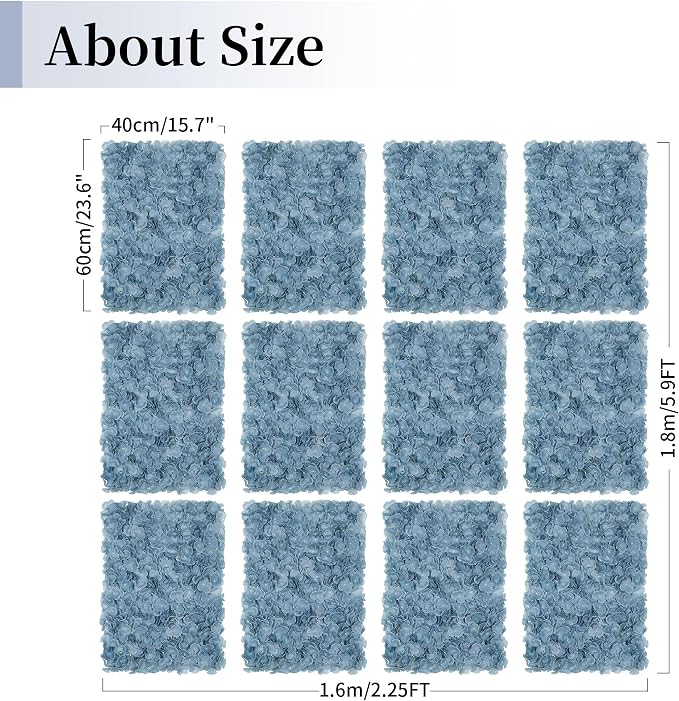 BLOSMON Flower Wall Panel Backdrop - 12 Pcs 24 x 16 Inch Dusty Blue Artificial Hydrangea Floral Backdrop for Wedding Party Baby Bridal Shower Decor, Hanging Fake Silk Hydrangea Wall DIY Decoration | Hydrangea Artificial Flower Backdrops, for Wedding, P... - Image 3