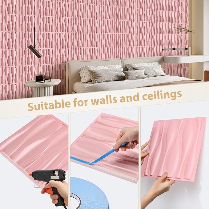 Heikki 30 Pack 3D Wall Panel for Interior Wall Décor, PVC Flower Textured Wall Panels for Living Room Bedroom Hotel Office, 11.8"x11.8", Double-Sided Tape (Pink-SP) - Image 3
