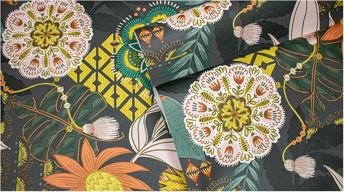 HAOKHOME Funky Peel and Stick Wallpaper Boho Tropical Floral Grey Vintage | Textured Removable Waterproof Renter Friendly Wall Paper Dark Gray Pink Green Banana Leaf Bathroom Bedroom 17.3in x 9.8ft - Image 8