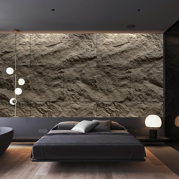 KASARO 3D Faux Stone Wall Panels, 4 Pack PU Wainscoting Grey | Thicker PU panels with realistic cement stone texture for accent walls, home & office decor, easy install, 43.3" x 23.6" - Image 2