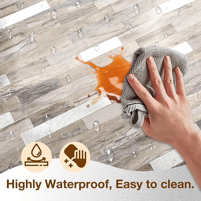 Peel and Stick Backsplash Tile Waterproof Removable PVC Wall Sticker 3D Faux Stone Marble Brick White Accent Panels (Gray - Yellow Stone - Metal Silver, 20 Tiles - 9 sq. ft. (0.84 M²)) - Image 4