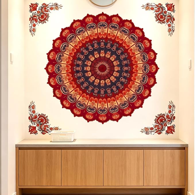Vintage Boho Red Mandala Wall Decals, Floral Flowers Wall Stickers | Flowers bohemia‌ indian symmetric peel and stick wall decor, removable vinyl wall art mural for bedroom living room classroom - Image 4