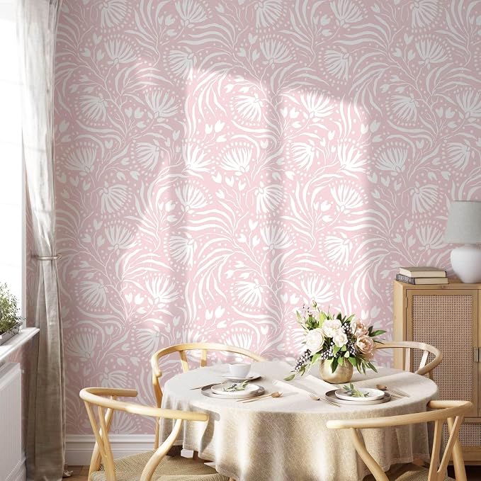 Ismoon Boho Peel and Stick Wallpaper Pink Floral Contact Paper Boho Stick on Wall Paper Textured Removable Self Adhesive Vinyl Wallpaper for Bedroom Bahtroom Wall Decor 17.3x196in - Image 4