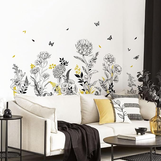 Black Yellow Flower Wall Decals, 3 Sheets Sketch Garden Floral Wall Stickers Simple Line Wildflower Grass Butterflies Art Decor Bedroom Bathroom Hallway Sofa Gifts for Mom(11.8x35.4 in/Sheet) - Image 7