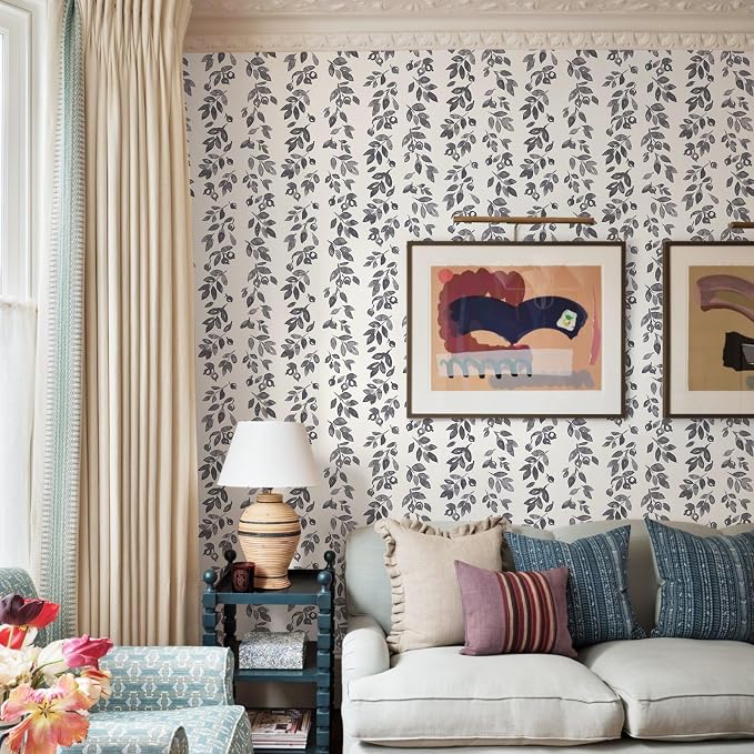 Ismoon Grey Wallpaper Peel and Stick Vintage Wallpaper 17.3in x 16.4ft Dark Grey Leaf Contact Paper Vintage Cottage Wall Paper for Bedroom Bathroom Kitchen Nursery Removable Vinyl - Image 6